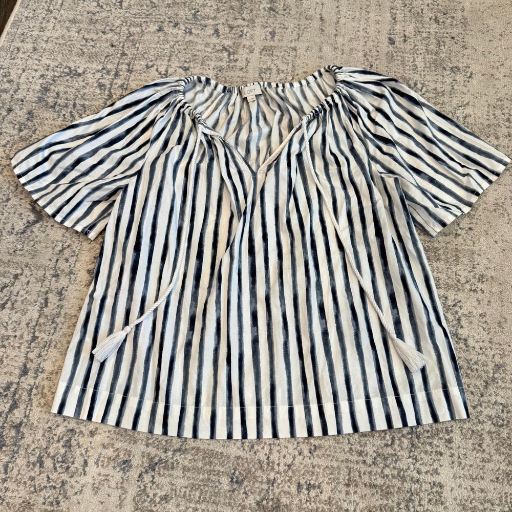 LOFT Womens Small Navy White Striped Tassel Tie Neck Flutter Sleeve Blouse Top